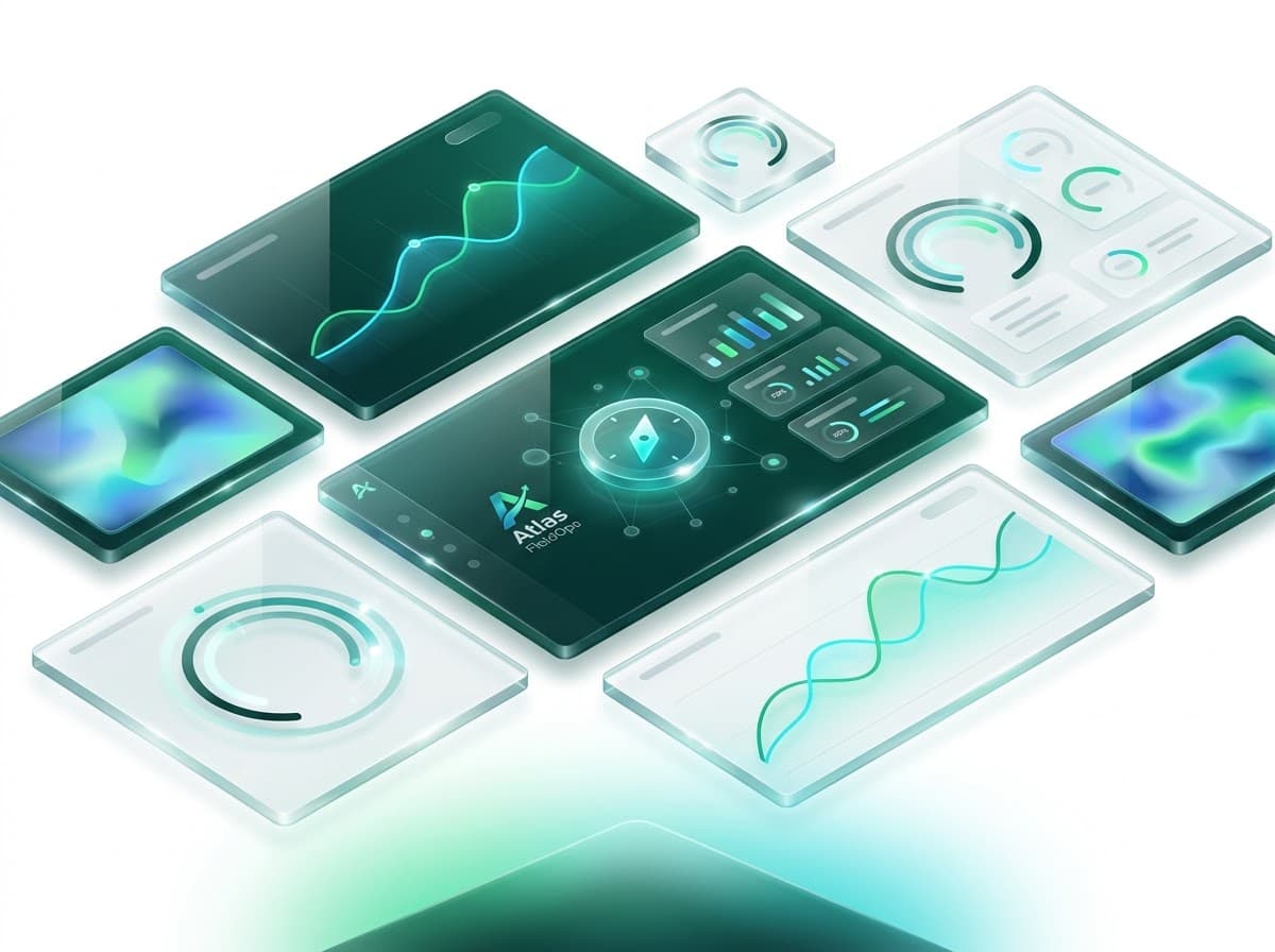 Atlas FieldOps analytics and KPI dashboards: floating glass shards with line charts, progress gauges, and heatmaps